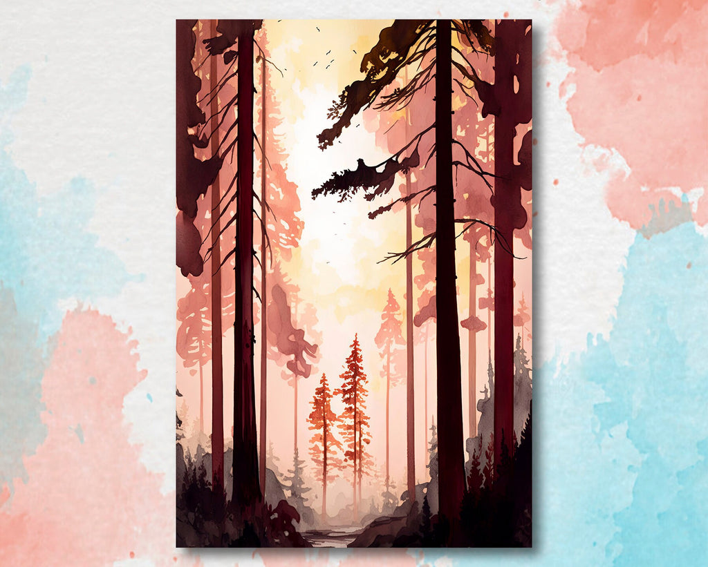 Forest Sunset Watercolor Wall Art Painting Pine Tree Nature Landscape Landscape Gift Woodland Home Decor