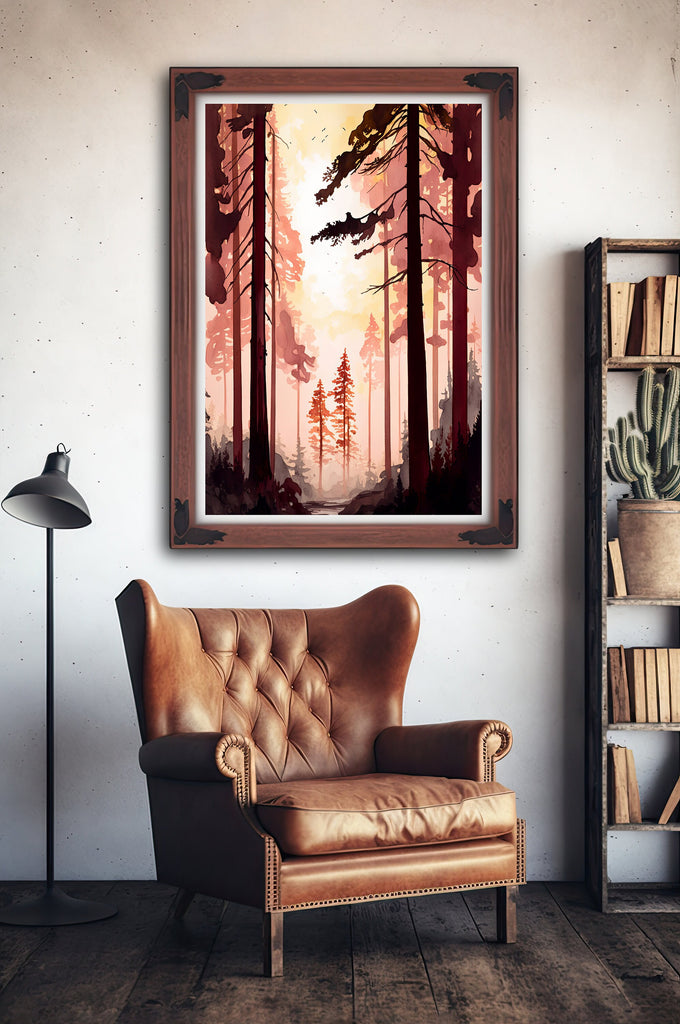 Forest Sunset Watercolor Wall Art Painting Pine Tree Nature Landscape Landscape Gift Woodland Home Decor