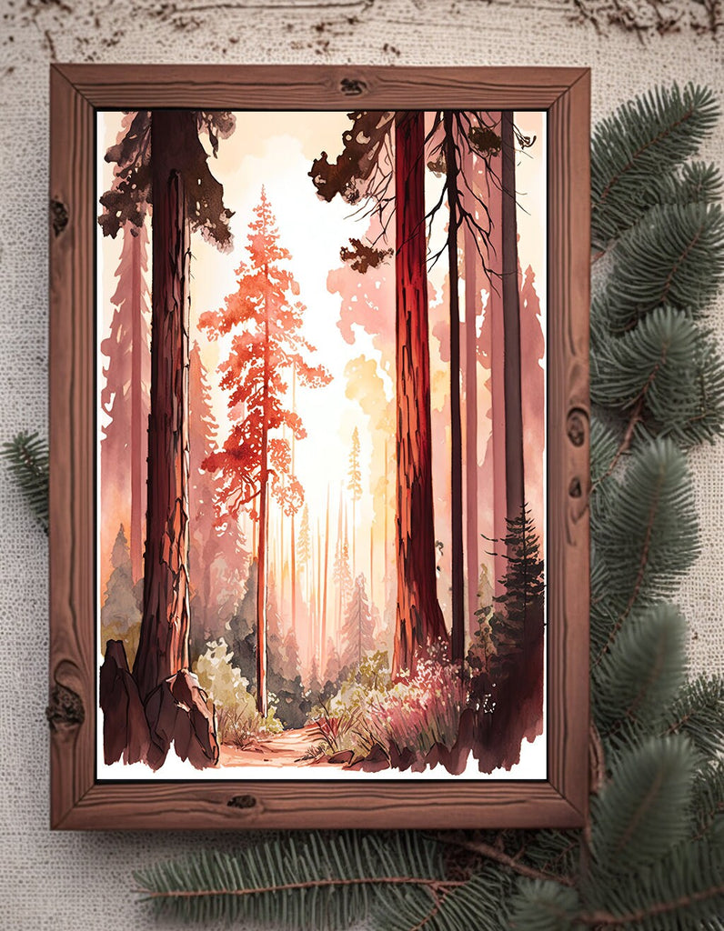 Forest Sunset Watercolor Wall Art Painting Pine Tree Nature Landscape Landscape Gift Woodland Home Decor