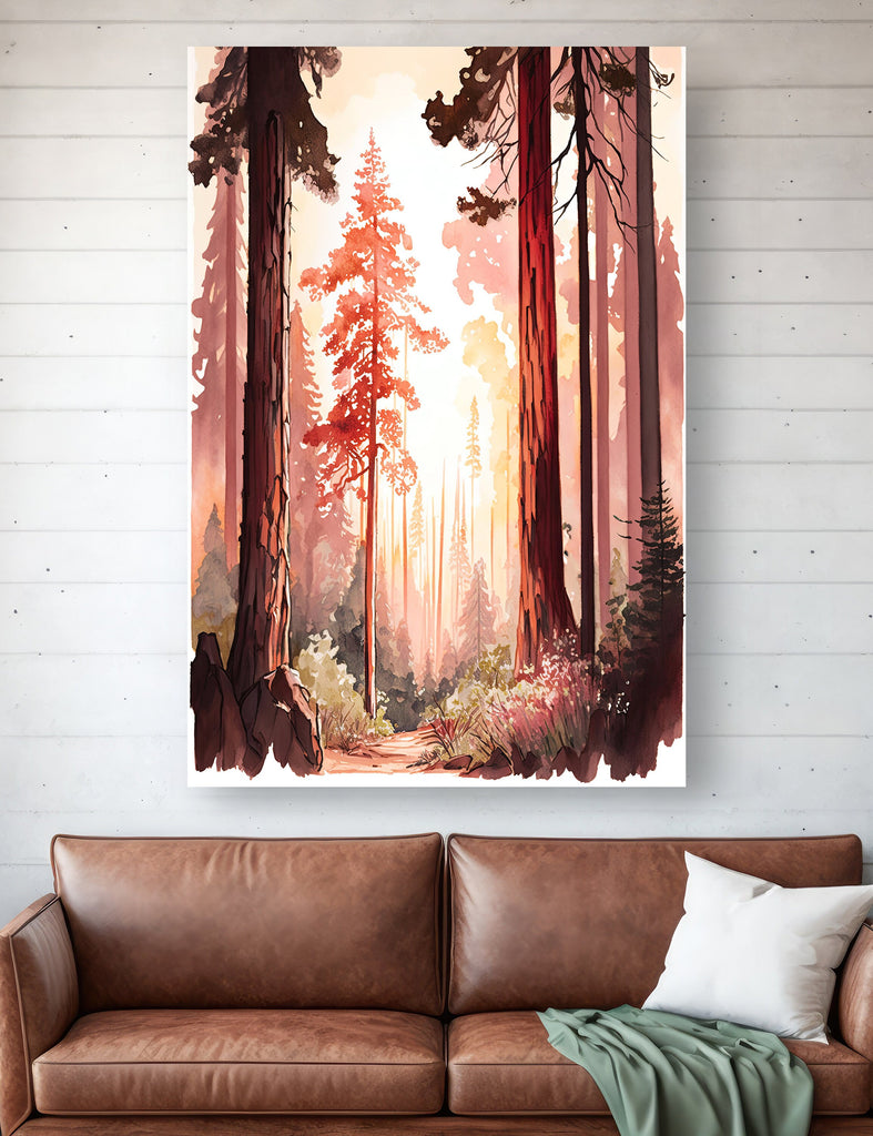 Forest Sunset Watercolor Wall Art Painting Pine Tree Nature Landscape Landscape Gift Woodland Home Decor