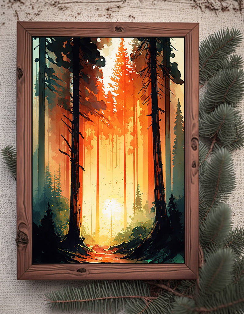 Forest Sunset Watercolor Wall Art Painting Pine Tree Nature Landscape Landscape Gift Woodland Home Decor