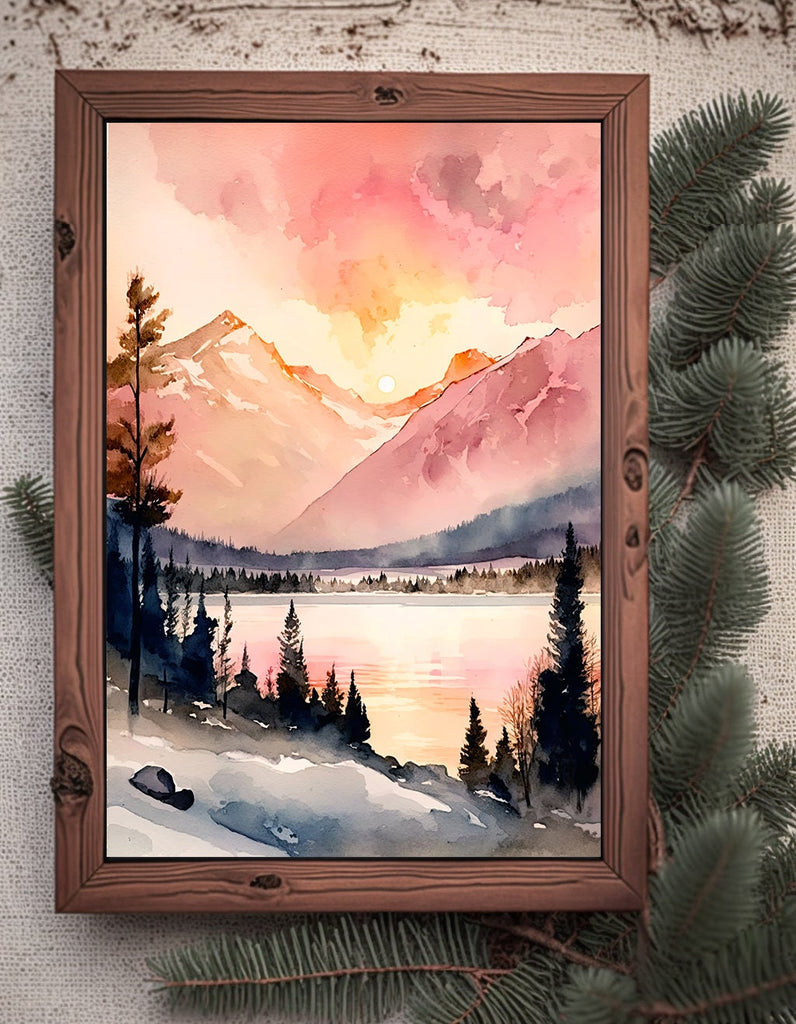 Winter Forest Mountain Sunset Wall Art Cabin Decor Landscape Painting Snowy Art Prints Outdoorsy Gifts Woodland Nursery Cottagecore Decor