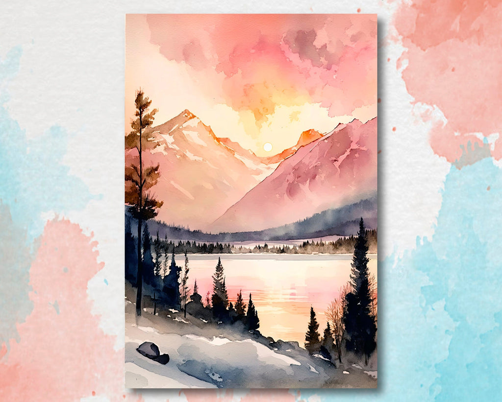 Winter Forest Mountain Sunset Wall Art Cabin Decor Landscape Painting Snowy Art Prints Outdoorsy Gifts Woodland Nursery Cottagecore Decor