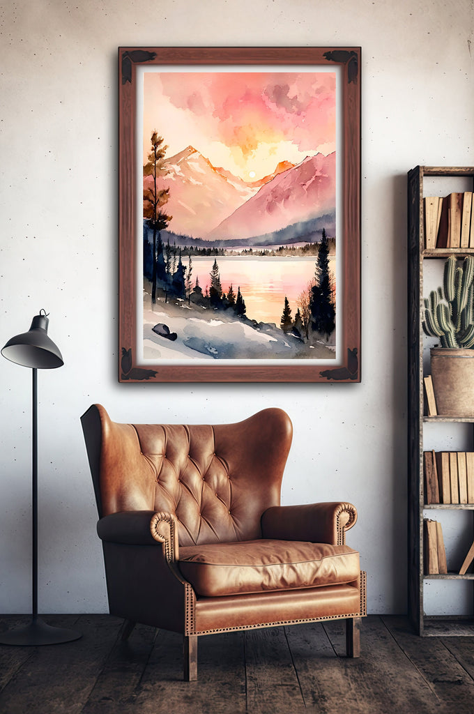 Winter Forest Mountain Sunset Wall Art Cabin Decor Landscape Painting Snowy Art Prints Outdoorsy Gifts Woodland Nursery Cottagecore Decor