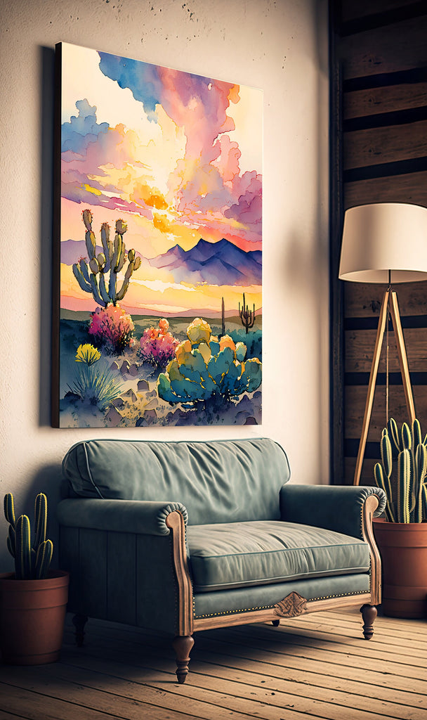 Desert Cactus Sunset Print Colorful Watercolor Wall Art Southwest Landscape Gift Beautiful Nature Home Decor