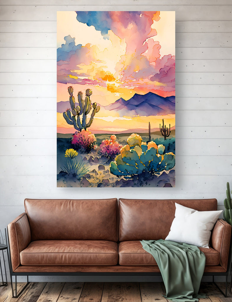 Desert Cactus Sunset Print Colorful Watercolor Wall Art Southwest Landscape Gift Beautiful Nature Home Decor