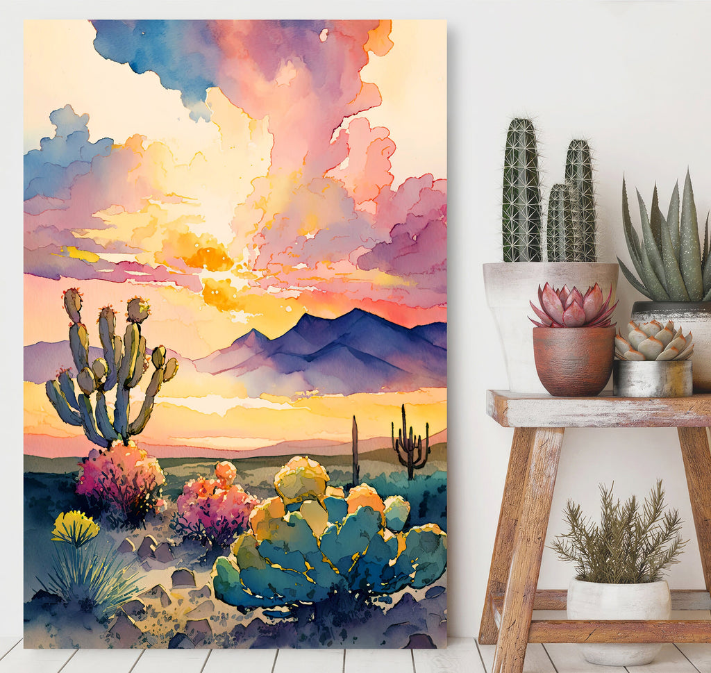 Desert Cactus Sunset Print Colorful Watercolor Wall Art Southwest Landscape Gift Beautiful Nature Home Decor