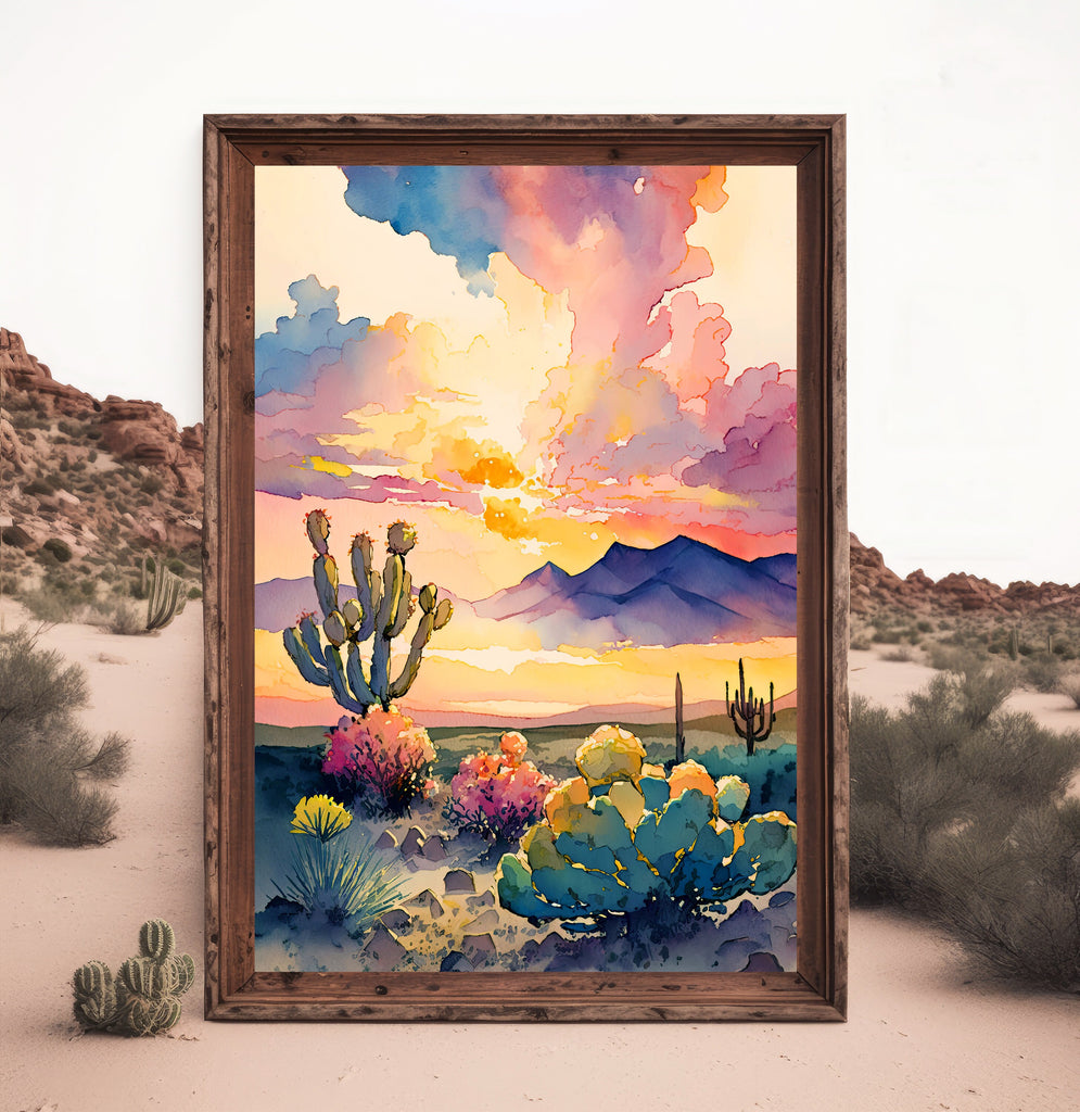 Desert Cactus Sunset Print Colorful Watercolor Wall Art Southwest Landscape Gift Beautiful Nature Home Decor