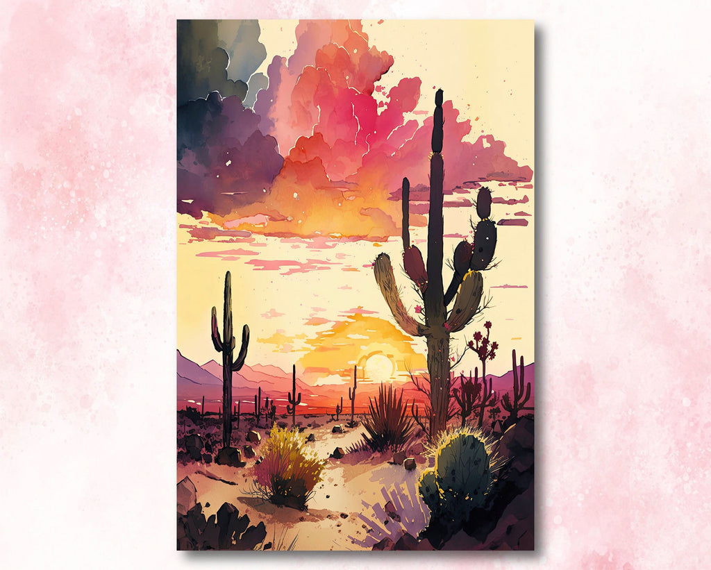 Desert Cactus Sunset Print Colorful Watercolor Wall Art Southwest Landscape Gift Saguaro Beautiful Nature Home Decor