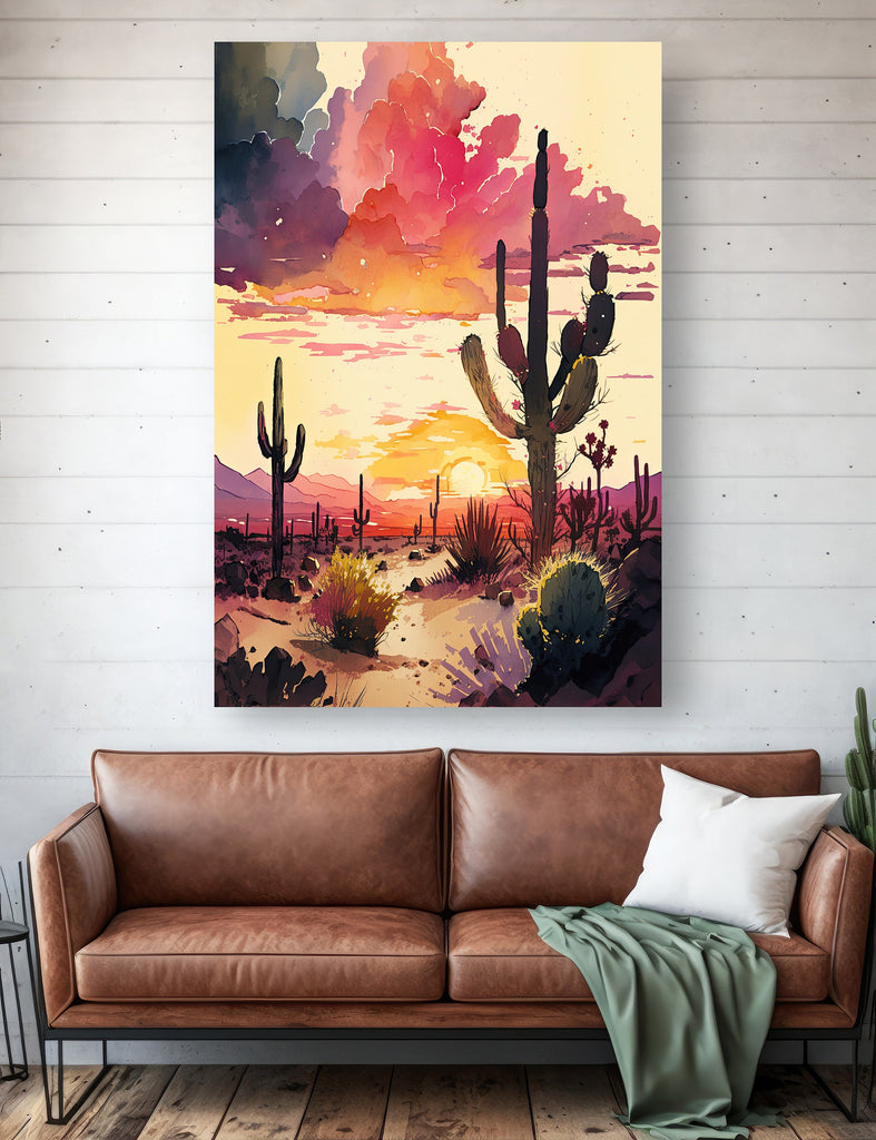 Desert Cactus Sunset Print Colorful Watercolor Wall Art Southwest Landscape Gift Saguaro Beautiful Nature Home Decor