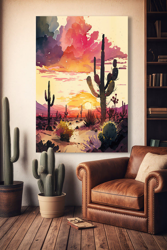 Desert Cactus Sunset Print Colorful Watercolor Wall Art Southwest Landscape Gift Saguaro Beautiful Nature Home Decor