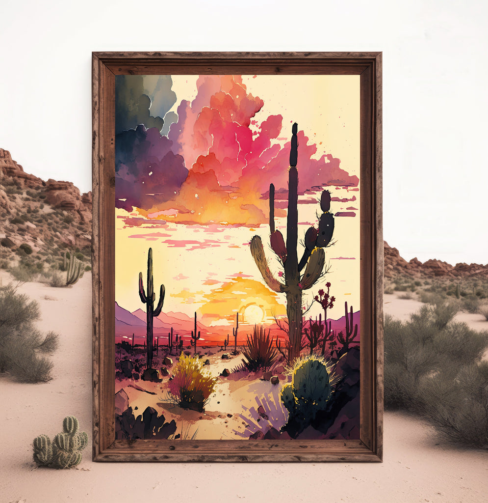 Desert Cactus Sunset Print Colorful Watercolor Wall Art Southwest Landscape Gift Saguaro Beautiful Nature Home Decor