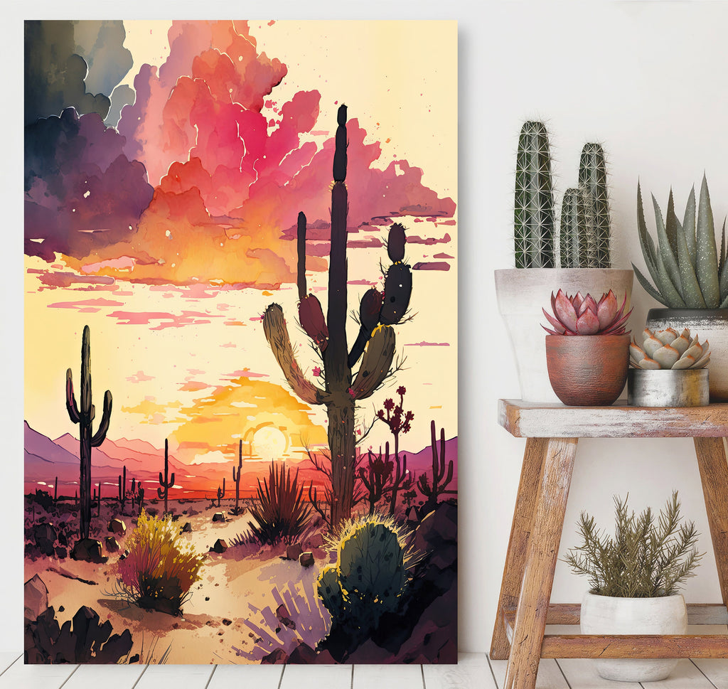 Desert Cactus Sunset Print Colorful Watercolor Wall Art Southwest Landscape Gift Saguaro Beautiful Nature Home Decor