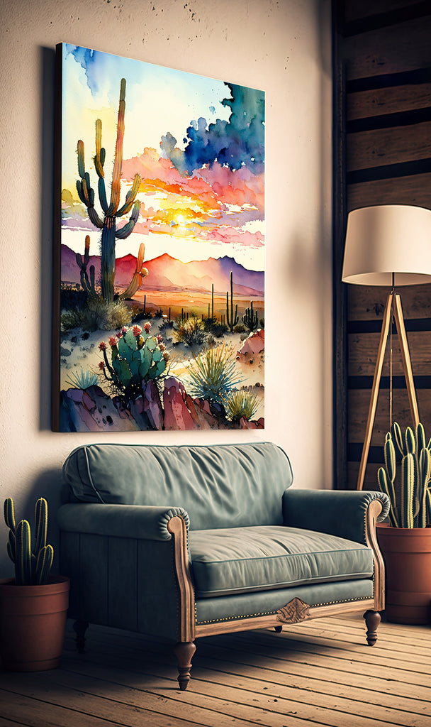 Desert Cactus Sunset Print Colorful Watercolor Wall Art Southwest Landscape Gift Saguaro Beautiful Nature Home Decor