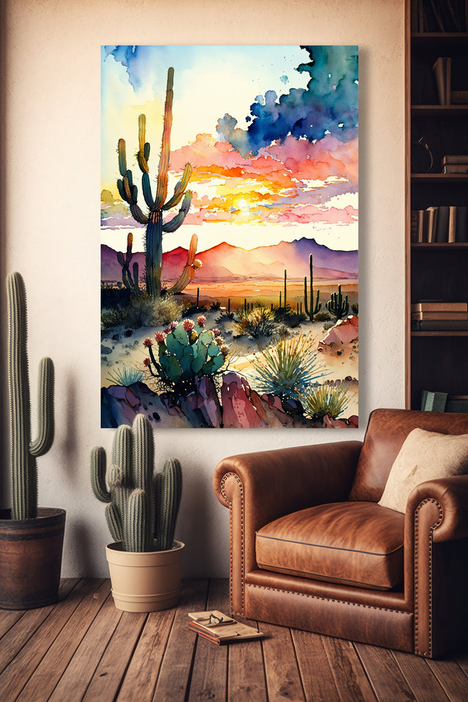 Desert Cactus Sunset Print Colorful Watercolor Wall Art Southwest Landscape Gift Saguaro Beautiful Nature Home Decor