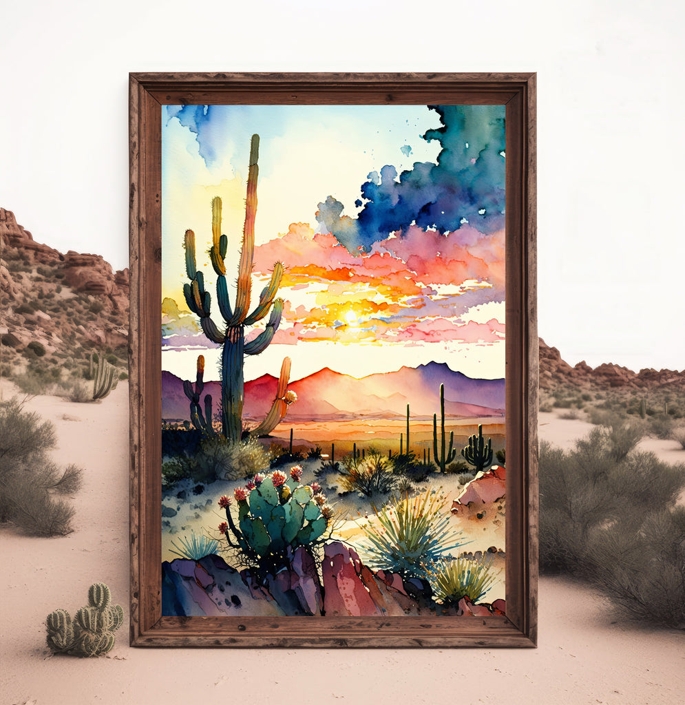 Desert Cactus Sunset Print Colorful Watercolor Wall Art Southwest Landscape Gift Saguaro Beautiful Nature Home Decor