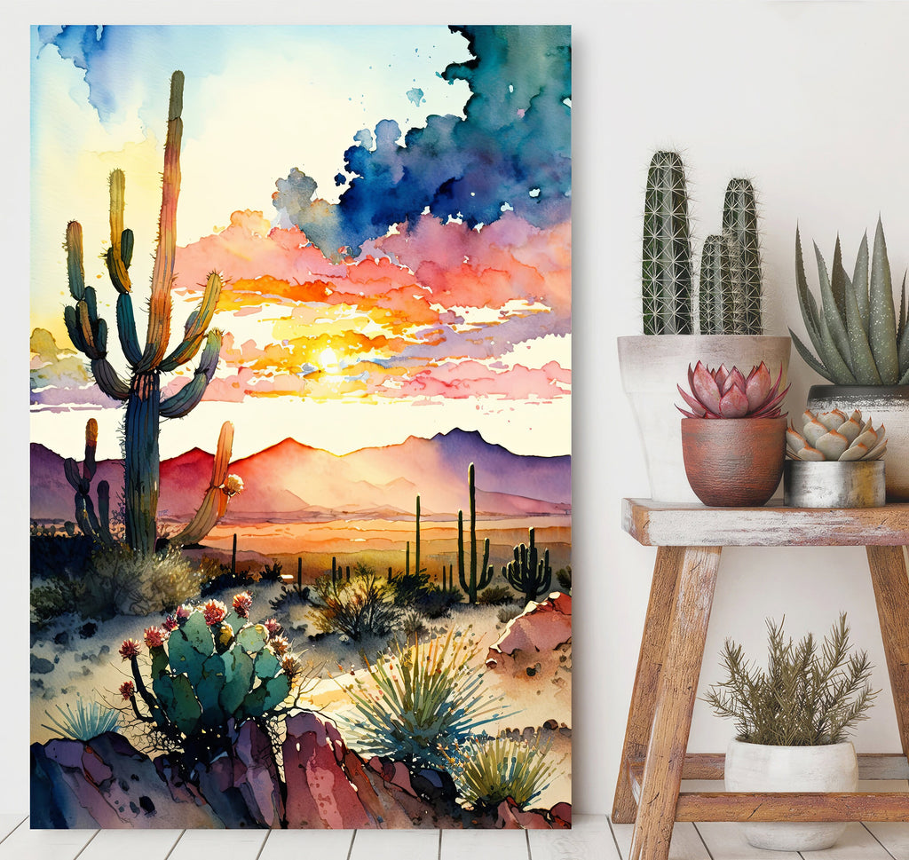 Desert Cactus Sunset Print Colorful Watercolor Wall Art Southwest Landscape Gift Saguaro Beautiful Nature Home Decor