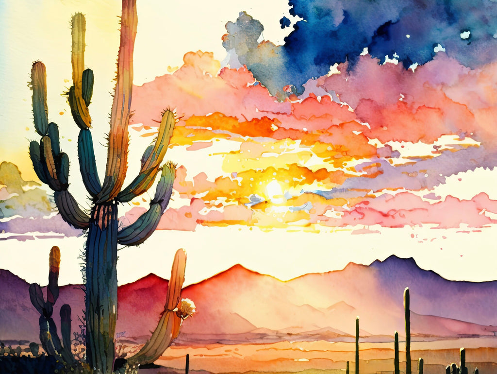 Desert Cactus Sunset Print Colorful Watercolor Wall Art Southwest Landscape Gift Saguaro Beautiful Nature Home Decor