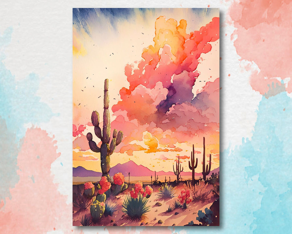 Desert Cactus Sunset Print Colorful Watercolor Wall Art Southwest Landscape Gift Saguaro Beautiful Nature Home Decor