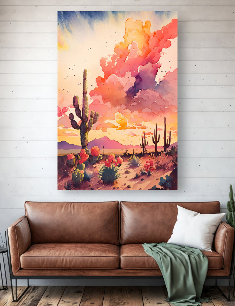 Desert Cactus Sunset Print Colorful Watercolor Wall Art Southwest Landscape Gift Saguaro Beautiful Nature Home Decor