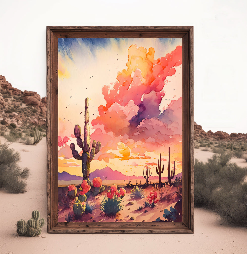 Desert Cactus Sunset Print Colorful Watercolor Wall Art Southwest Landscape Gift Saguaro Beautiful Nature Home Decor