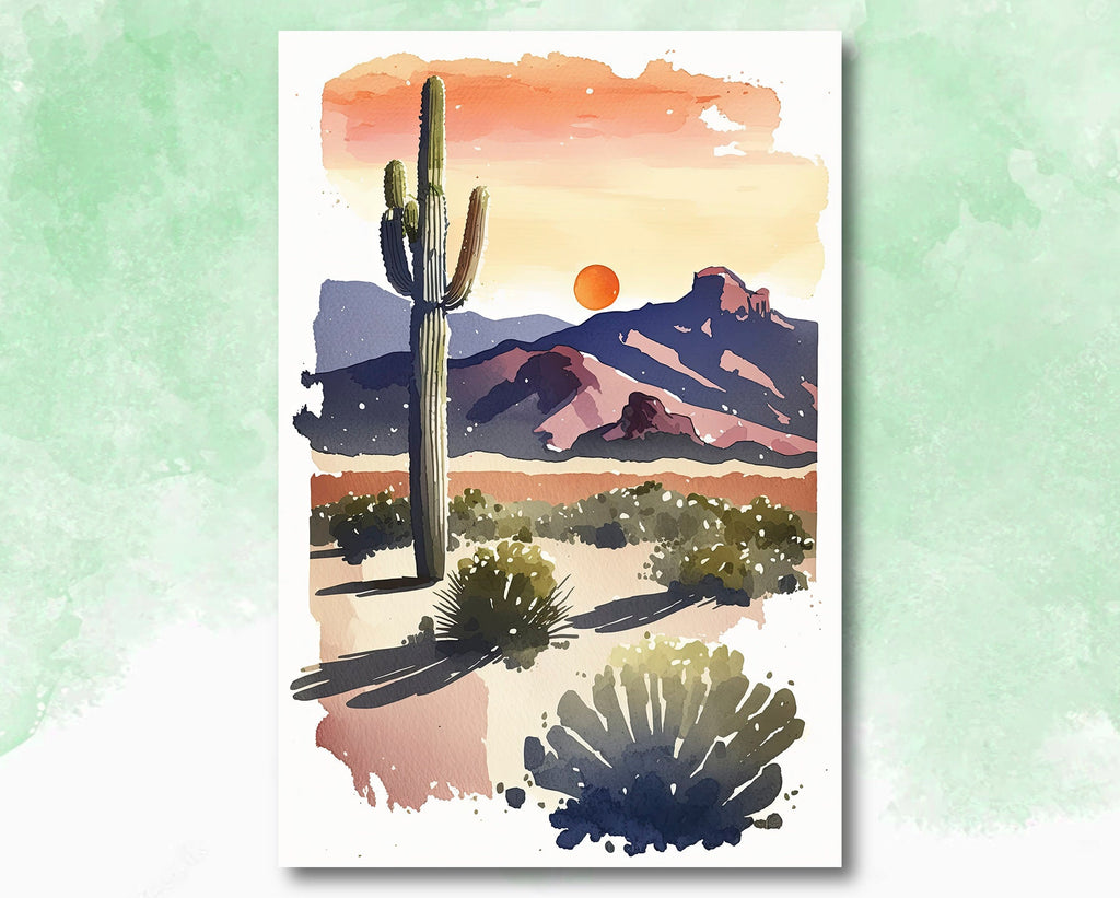 Desert Cactus Sunset Print Colorful Minimalist Watercolor Wall Art Southwest Landscape Gift Saguaro Beautiful Nature Home Decor