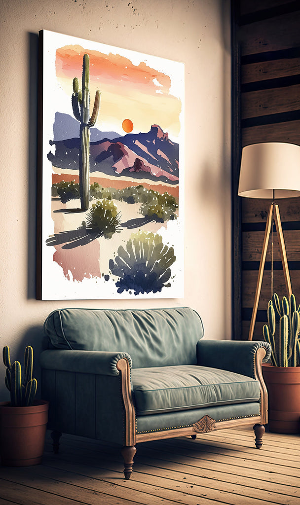 Desert Cactus Sunset Print Colorful Minimalist Watercolor Wall Art Southwest Landscape Gift Saguaro Beautiful Nature Home Decor