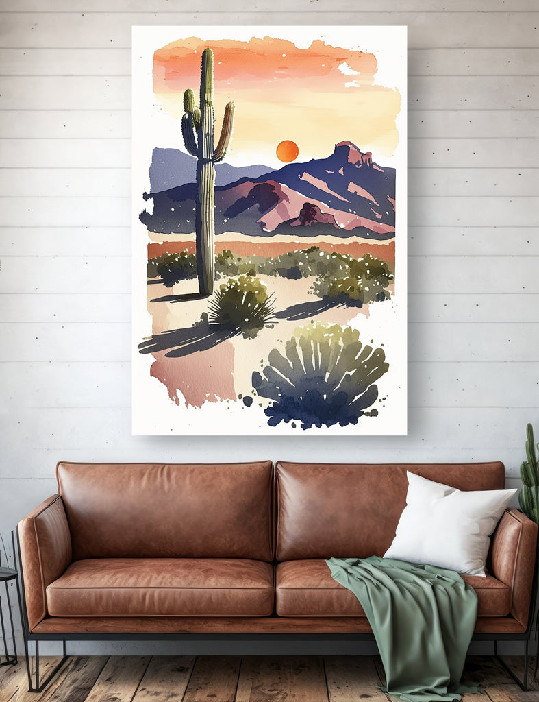 Desert Cactus Sunset Print Colorful Minimalist Watercolor Wall Art Southwest Landscape Gift Saguaro Beautiful Nature Home Decor