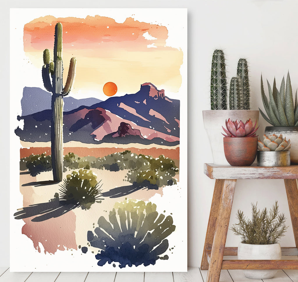 Desert Cactus Sunset Print Colorful Minimalist Watercolor Wall Art Southwest Landscape Gift Saguaro Beautiful Nature Home Decor