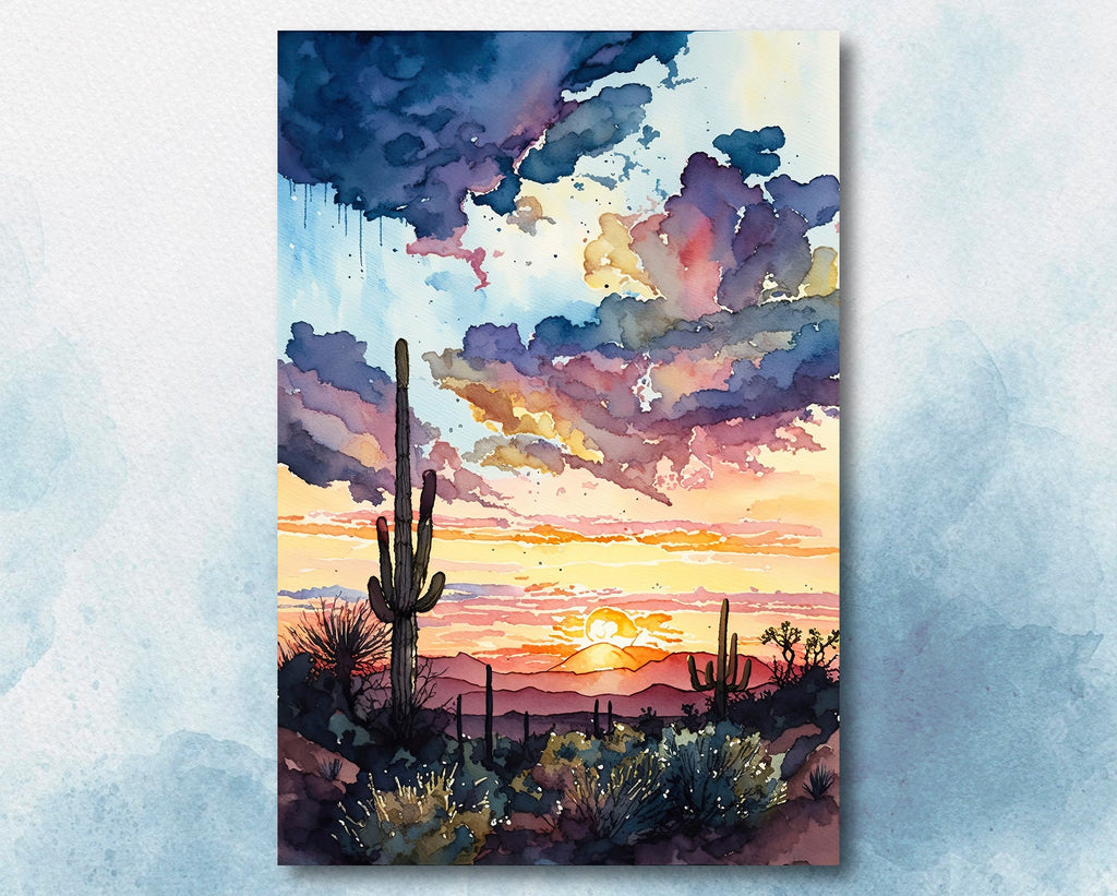 Desert Cactus Sunset Print Colorful Watercolor Wall Art Southwest Landscape Gift Saguaro Beautiful Nature Home Decor