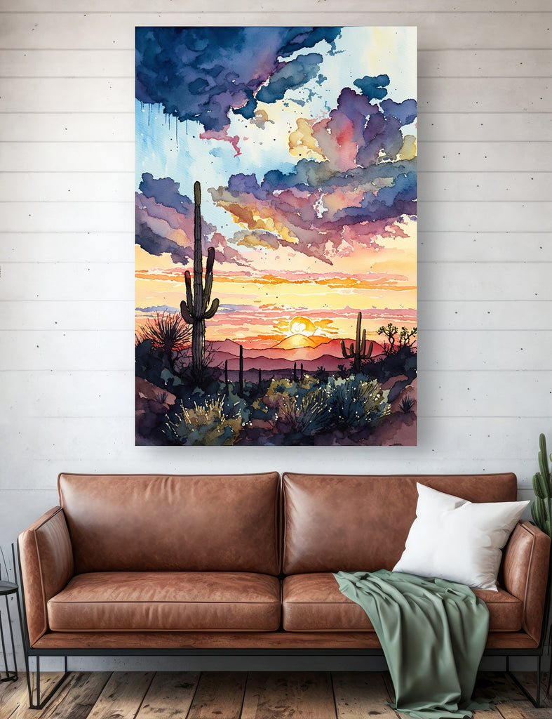 Desert Cactus Sunset Print Colorful Watercolor Wall Art Southwest Landscape Gift Saguaro Beautiful Nature Home Decor