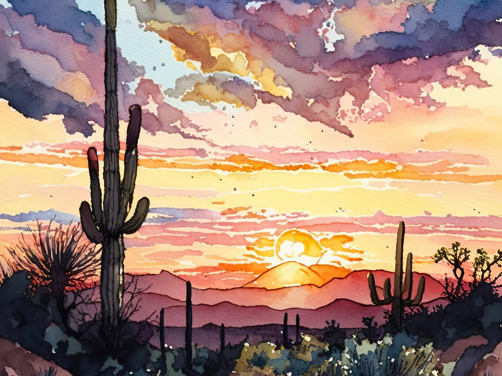 Desert Cactus Sunset Print Colorful Watercolor Wall Art Southwest Landscape Gift Saguaro Beautiful Nature Home Decor