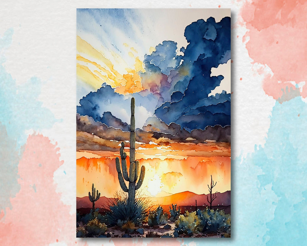 Desert Cactus Sunset Print Colorful Watercolor Wall Art Southwest Landscape Gift Saguaro Beautiful Nature Home Decor