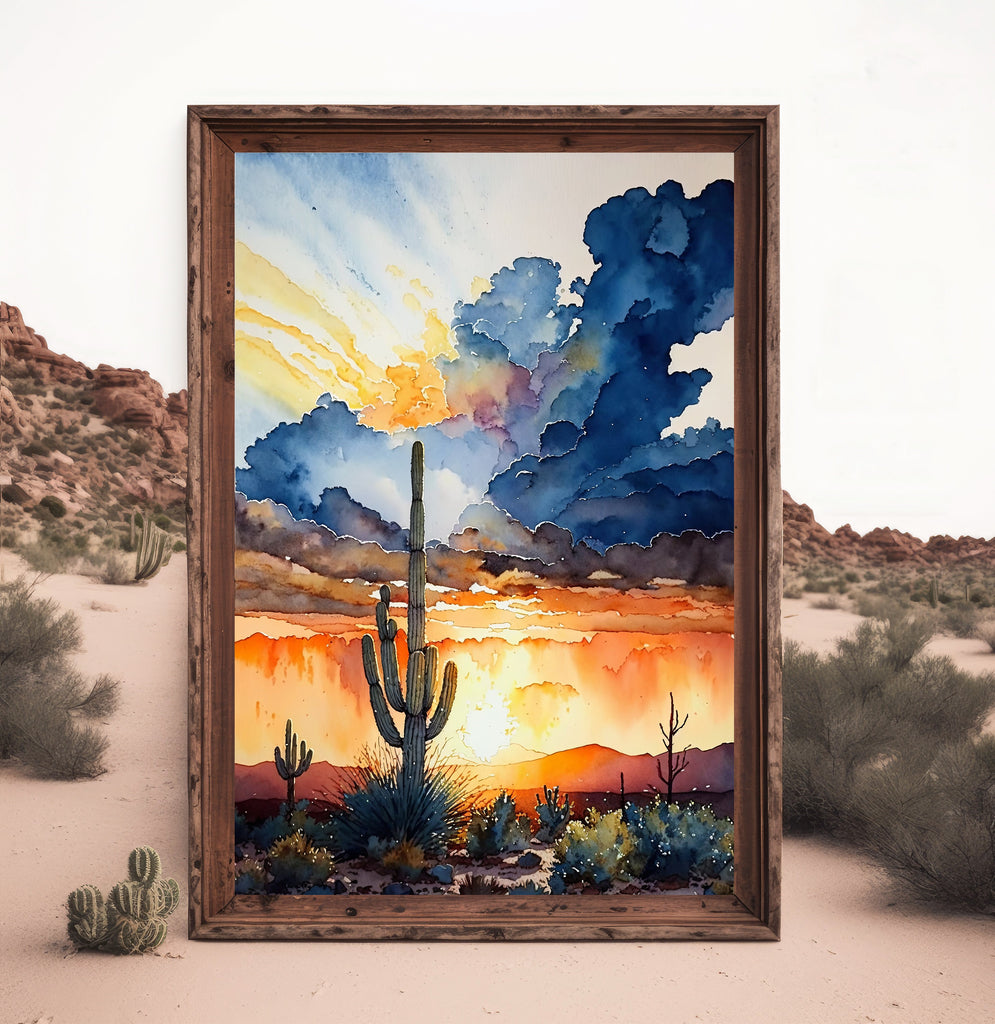 Desert Cactus Sunset Print Colorful Watercolor Wall Art Southwest Landscape Gift Saguaro Beautiful Nature Home Decor