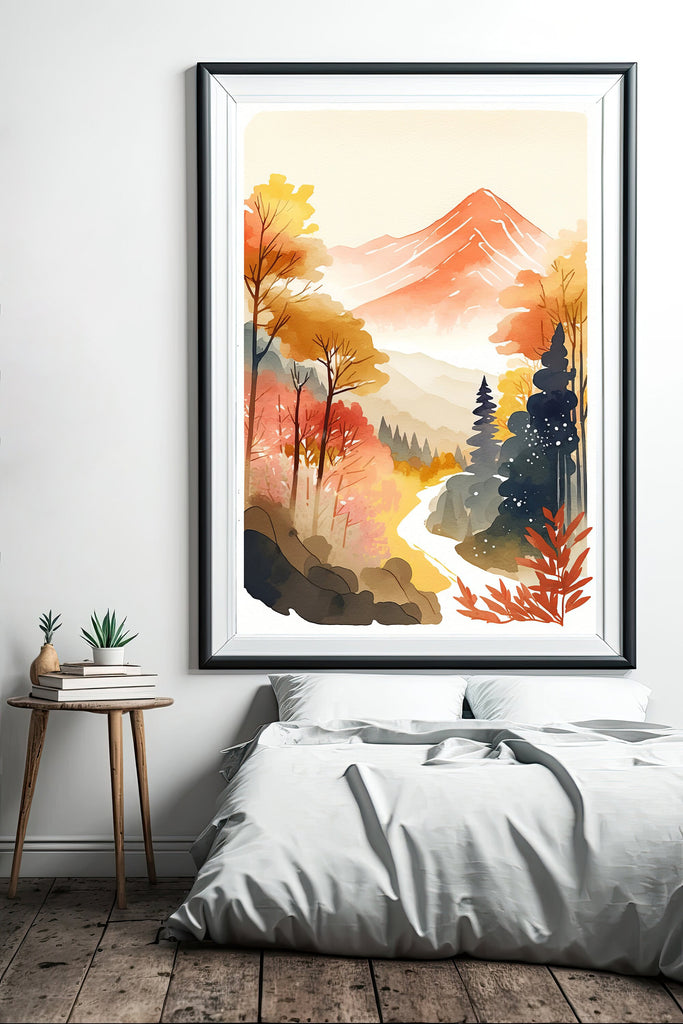 Autumn Forest Mountain Wall Art Cabin Decor Landscape Watercolor Painting Fall Prints Outdoorsy Gifts Woodland Nursery Cottagecore Decor