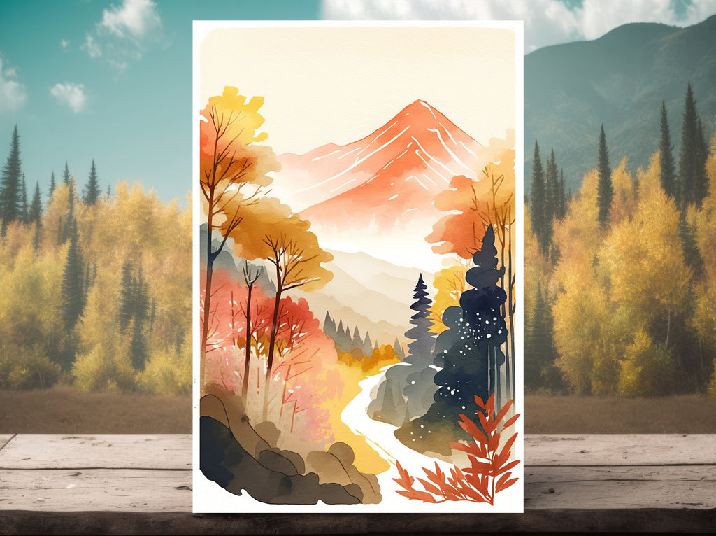 Autumn Forest Mountain Wall Art Cabin Decor Landscape Watercolor Painting Fall Prints Outdoorsy Gifts Woodland Nursery Cottagecore Decor