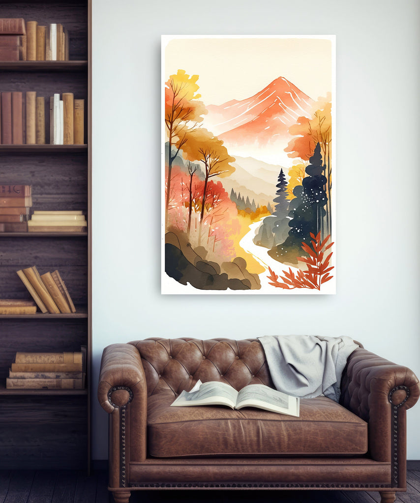 Autumn Forest Mountain Wall Art Cabin Decor Landscape Watercolor Painting Fall Prints Outdoorsy Gifts Woodland Nursery Cottagecore Decor