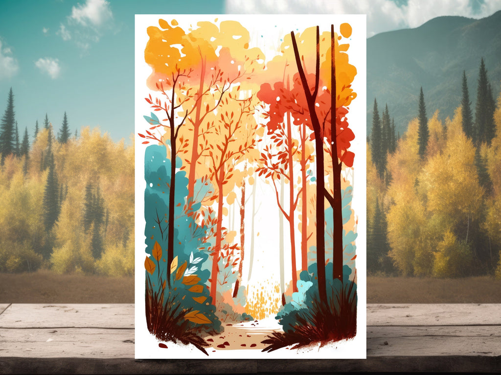 Autumn Forest Wall Art Cabin Decor Landscape Watercolor Painting Fall Prints Outdoorsy Gifts Woodland Nursery Cottagecore Decor