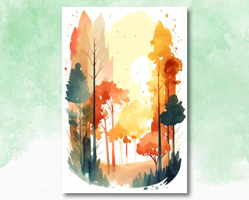 Autumn Sunset Forest Wall Art Cabin Decor Landscape Watercolor Painting Fall Prints Outdoorsy Gifts Woodland Nursery Cottagecore Decor