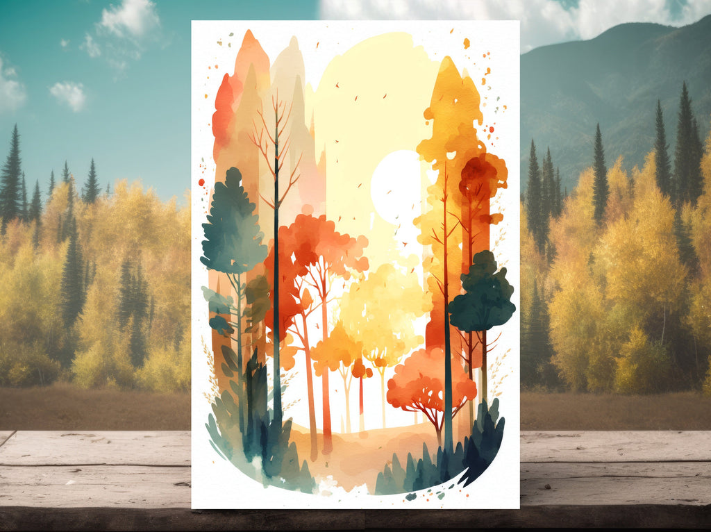 Autumn Sunset Forest Wall Art Cabin Decor Landscape Watercolor Painting Fall Prints Outdoorsy Gifts Woodland Nursery Cottagecore Decor