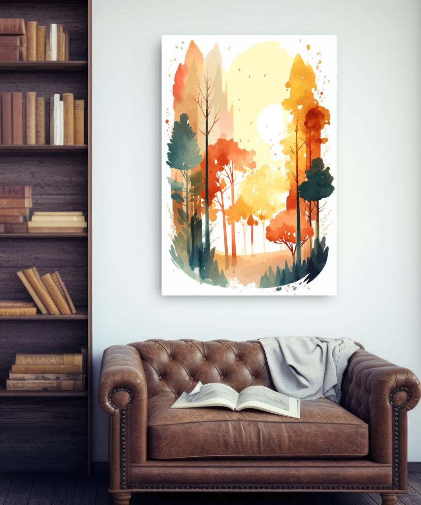 Autumn Sunset Forest Wall Art Cabin Decor Landscape Watercolor Painting Fall Prints Outdoorsy Gifts Woodland Nursery Cottagecore Decor