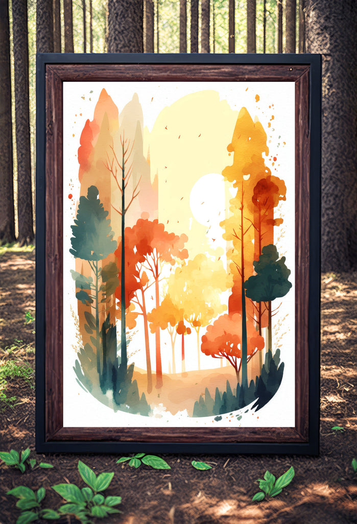 Autumn Sunset Forest Wall Art Cabin Decor Landscape Watercolor Painting Fall Prints Outdoorsy Gifts Woodland Nursery Cottagecore Decor