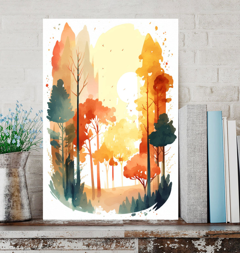 Autumn Sunset Forest Wall Art Cabin Decor Landscape Watercolor Painting Fall Prints Outdoorsy Gifts Woodland Nursery Cottagecore Decor