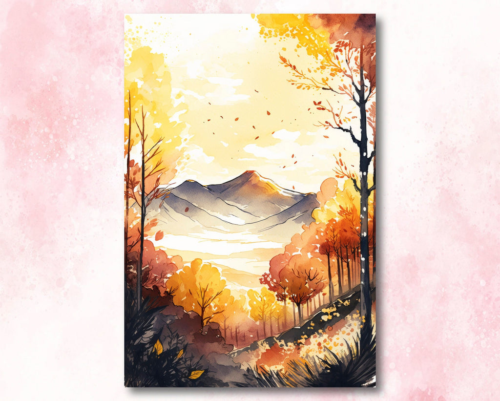 Autumn Forest Mountain Wall Art Cabin Decor Landscape Watercolor Painting Fall Prints Outdoorsy Gifts Woodland Nursery Cottagecore Decor