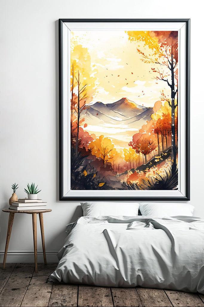 Autumn Forest Mountain Wall Art Cabin Decor Landscape Watercolor Painting Fall Prints Outdoorsy Gifts Woodland Nursery Cottagecore Decor