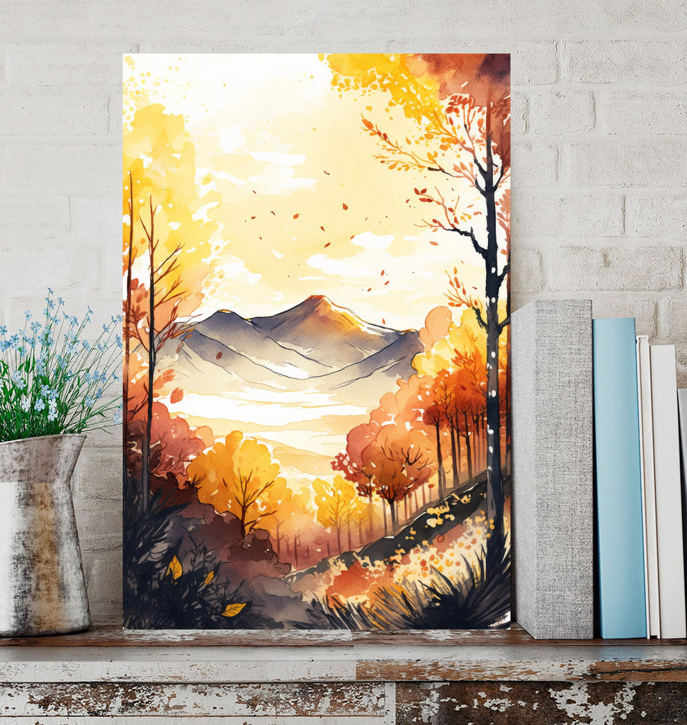 Autumn Forest Mountain Wall Art Cabin Decor Landscape Watercolor Painting Fall Prints Outdoorsy Gifts Woodland Nursery Cottagecore Decor