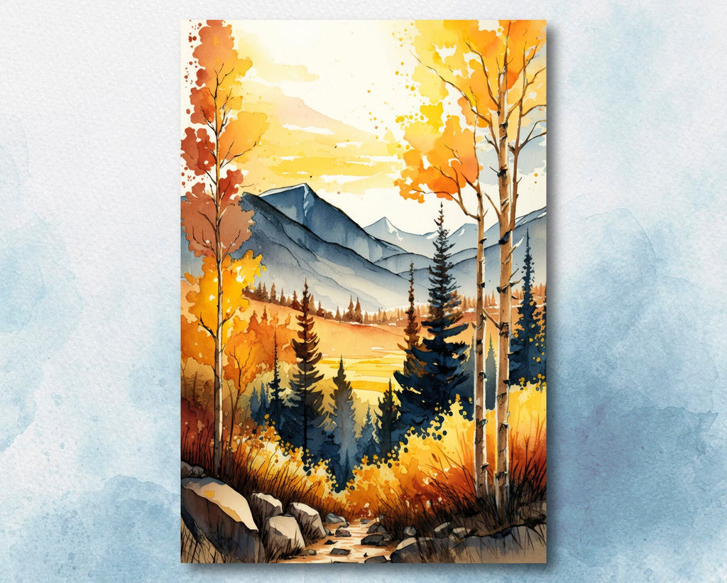 Autumn Forest Mountain Wall Art Cabin Decor Landscape Watercolor Painting Fall Prints Outdoorsy Gifts Woodland Nursery Cottagecore Decor