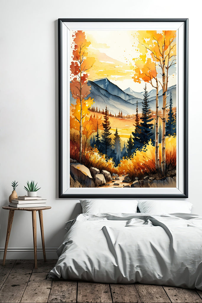 Autumn Forest Mountain Wall Art Cabin Decor Landscape Watercolor Painting Fall Prints Outdoorsy Gifts Woodland Nursery Cottagecore Decor