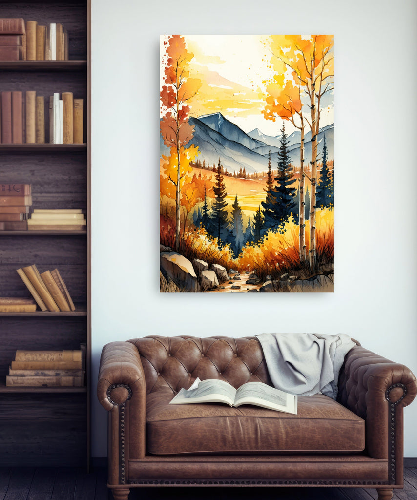 Autumn Forest Mountain Wall Art Cabin Decor Landscape Watercolor Painting Fall Prints Outdoorsy Gifts Woodland Nursery Cottagecore Decor