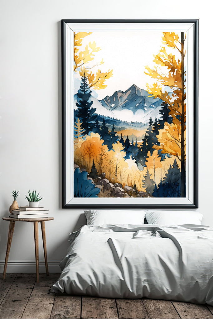 Autumn Forest Mountain Wall Art Cabin Decor Landscape Watercolor Painting Fall Prints Outdoorsy Gifts Woodland Nursery Cottagecore Decor